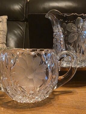 Vintage Heavy Cut Crystal Creamer & Pitcher Set | Floral Etched Crystal